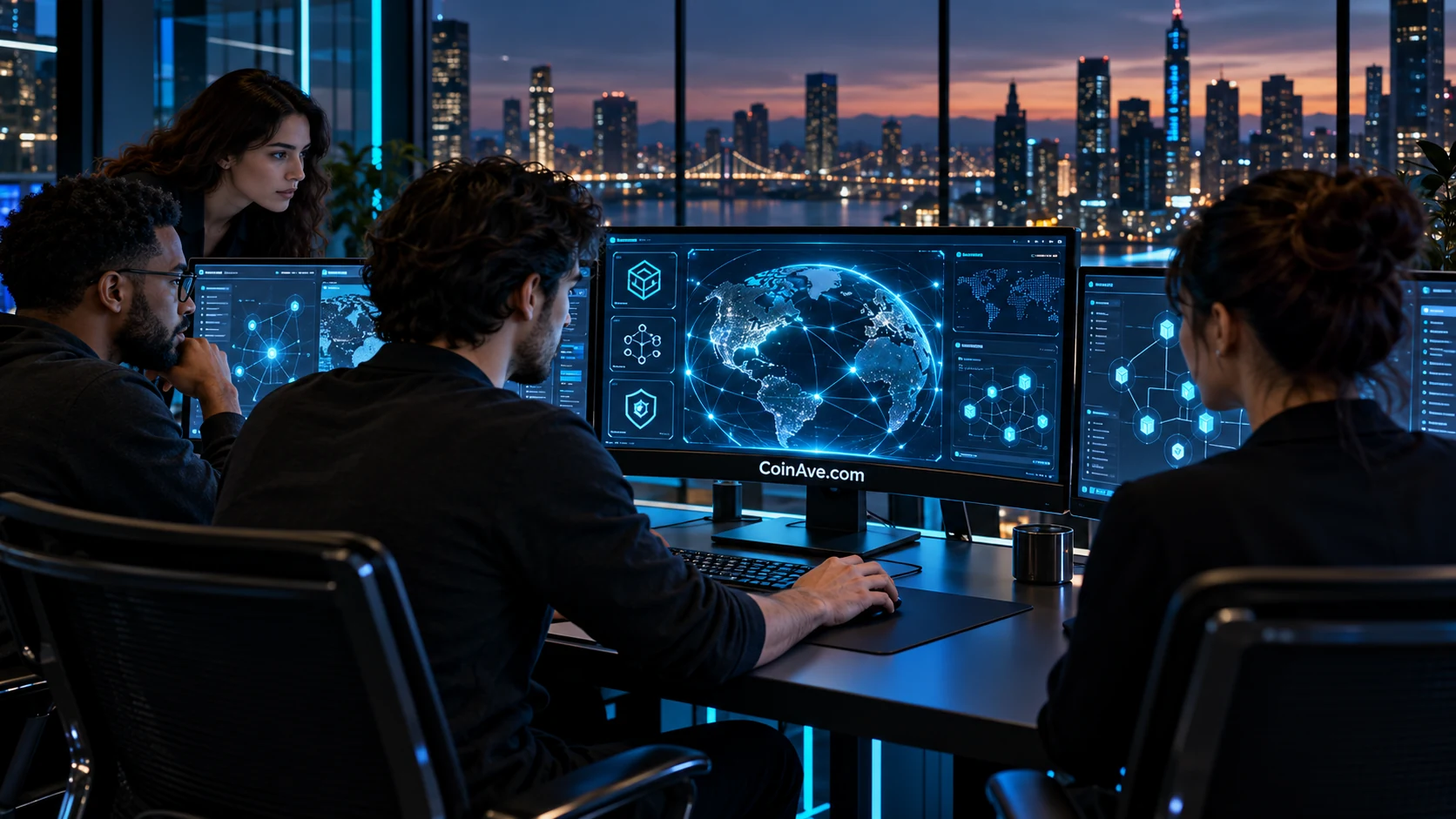 Cryptocurrency product builders reviewing network and activity interfaces in a modern technology studio
